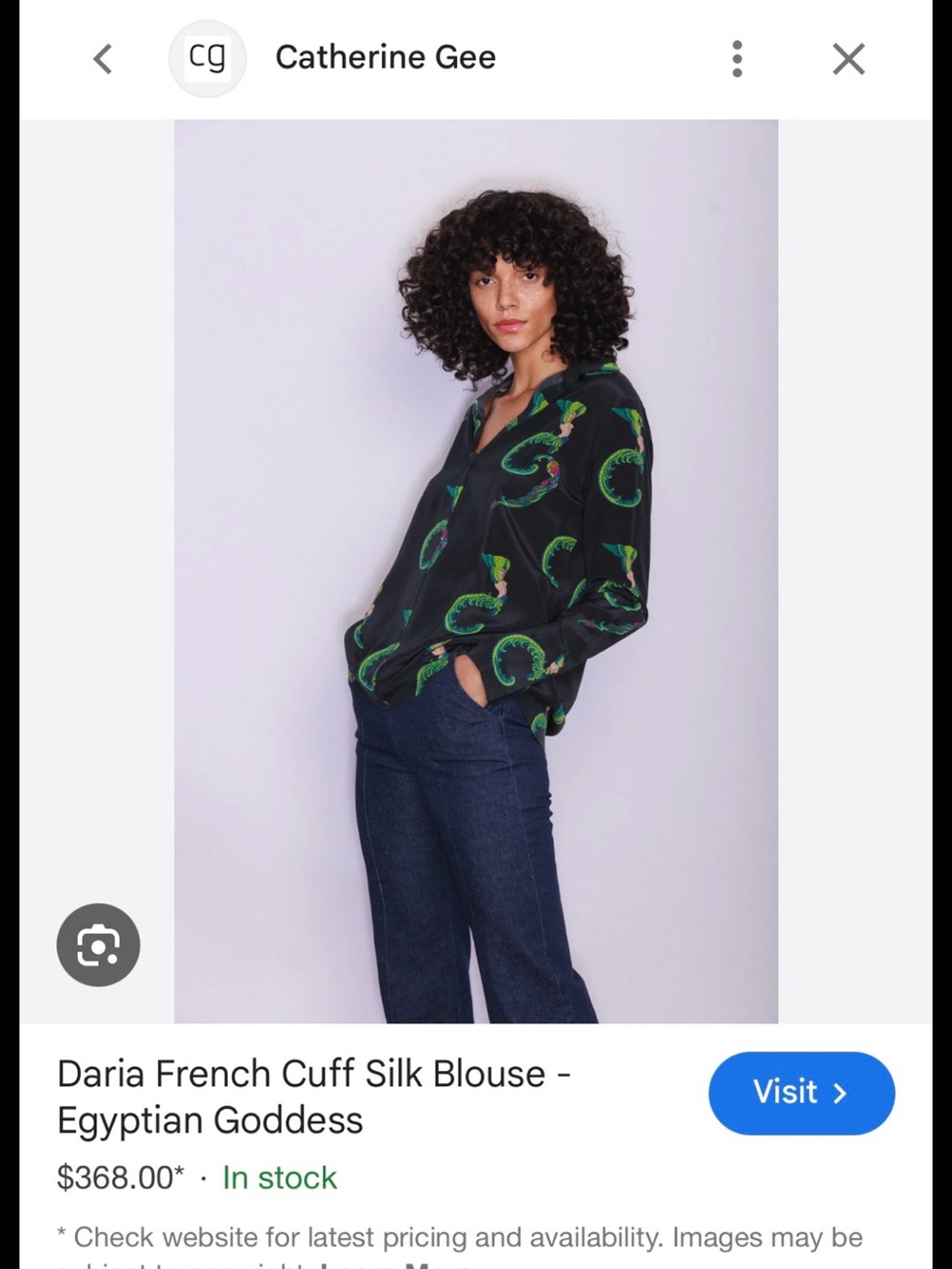 Catherine Gee Daria French Cuff Silk Blouse — Black with Green Print